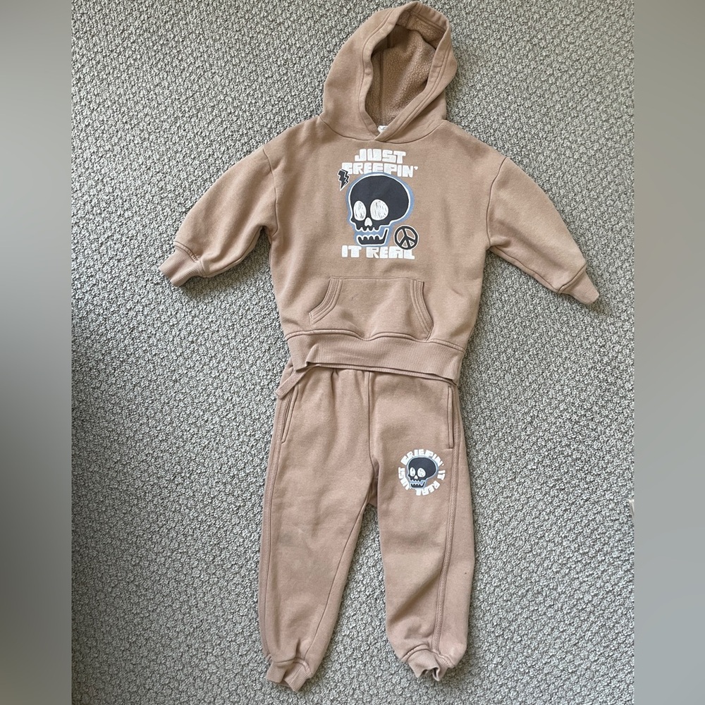 Cotton On Kids- Tan Hoodie and Sweatpants Set with Skull Design 3T
